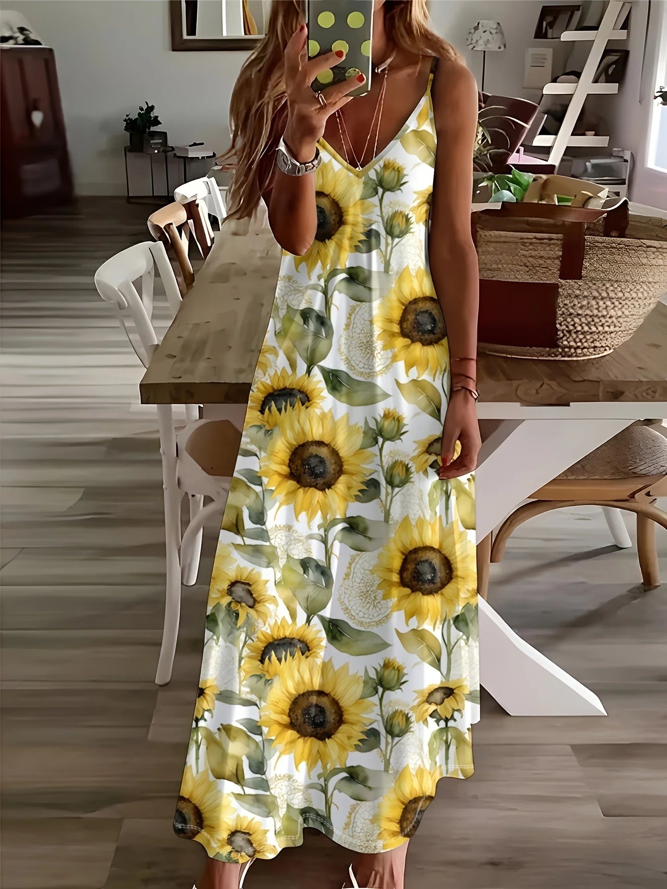 Printed Design Sunflower Pattern Print Dress Design Four Seasons elegant style casual style sling dress