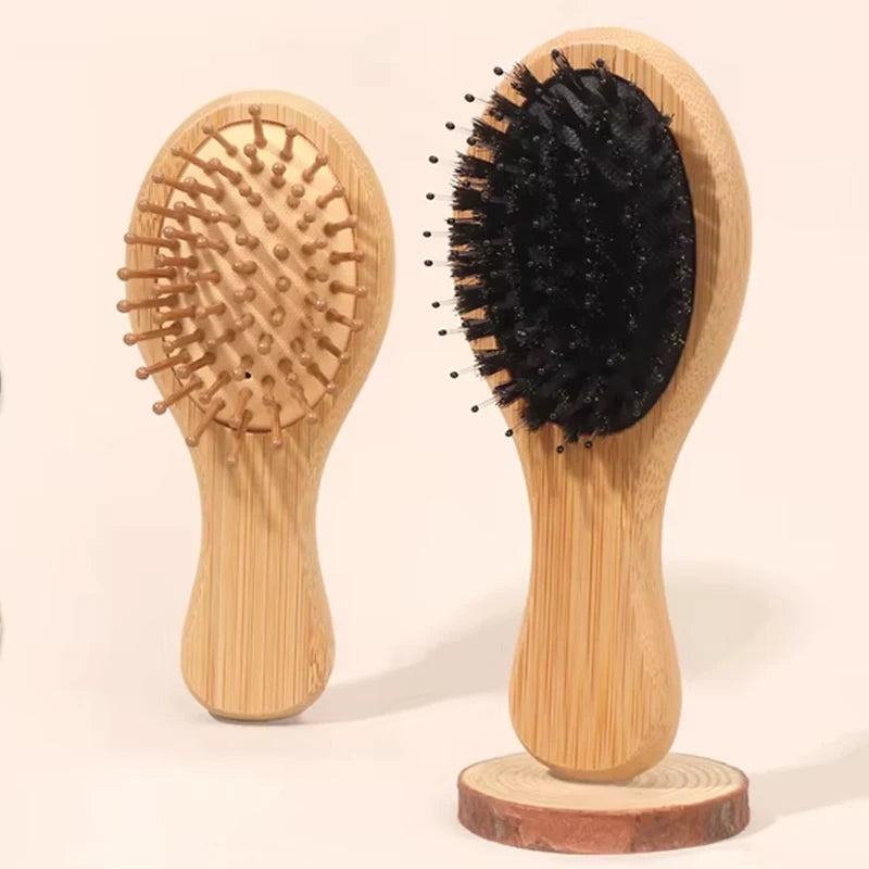 1/2 Pieces Mini Bamboo/Wooden Air Cushion Hair Brush Set - Portable Travel Hair Brush