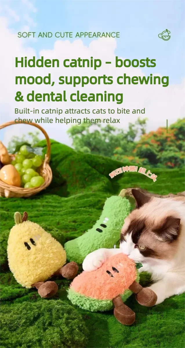 Catnip Fruit Plush Toy for Cats – Interactive Sound Toy with Crinkle Paper & Squeaker (Watermelon / Cucumber)