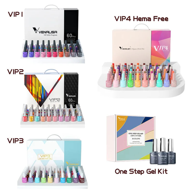 VENALISA VIP Kits 7.5ML Nail Gel Polish Soak Off UV LED Nail Gel Color Palette Gel Varnish Base Diamond Top Coat 62pcs/lot Gel