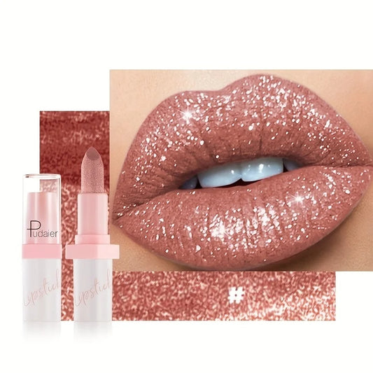 Close-up of lips with a sparkling rose gold metallic finish using the Pudaier glitter hybrid lipstick.