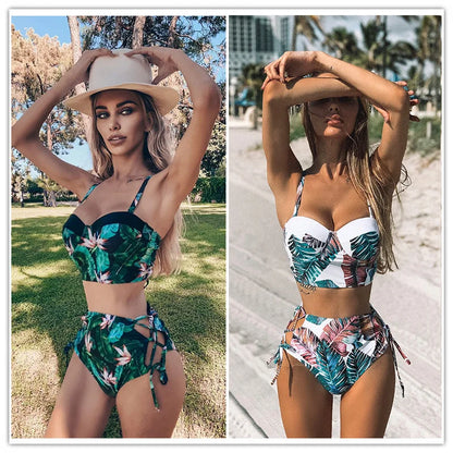 High Waist Swimwear 2025 New Leaf Print Bikinis Women Swimsuit Vintage Retro Bathing Suit Halter Biquini Maillot de bain femme