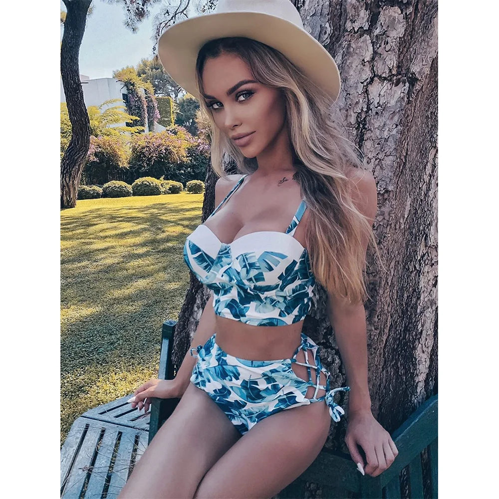 High Waist Swimwear 2025 New Leaf Print Bikinis Women Swimsuit Vintage Retro Bathing Suit Halter Biquini Maillot de bain femme