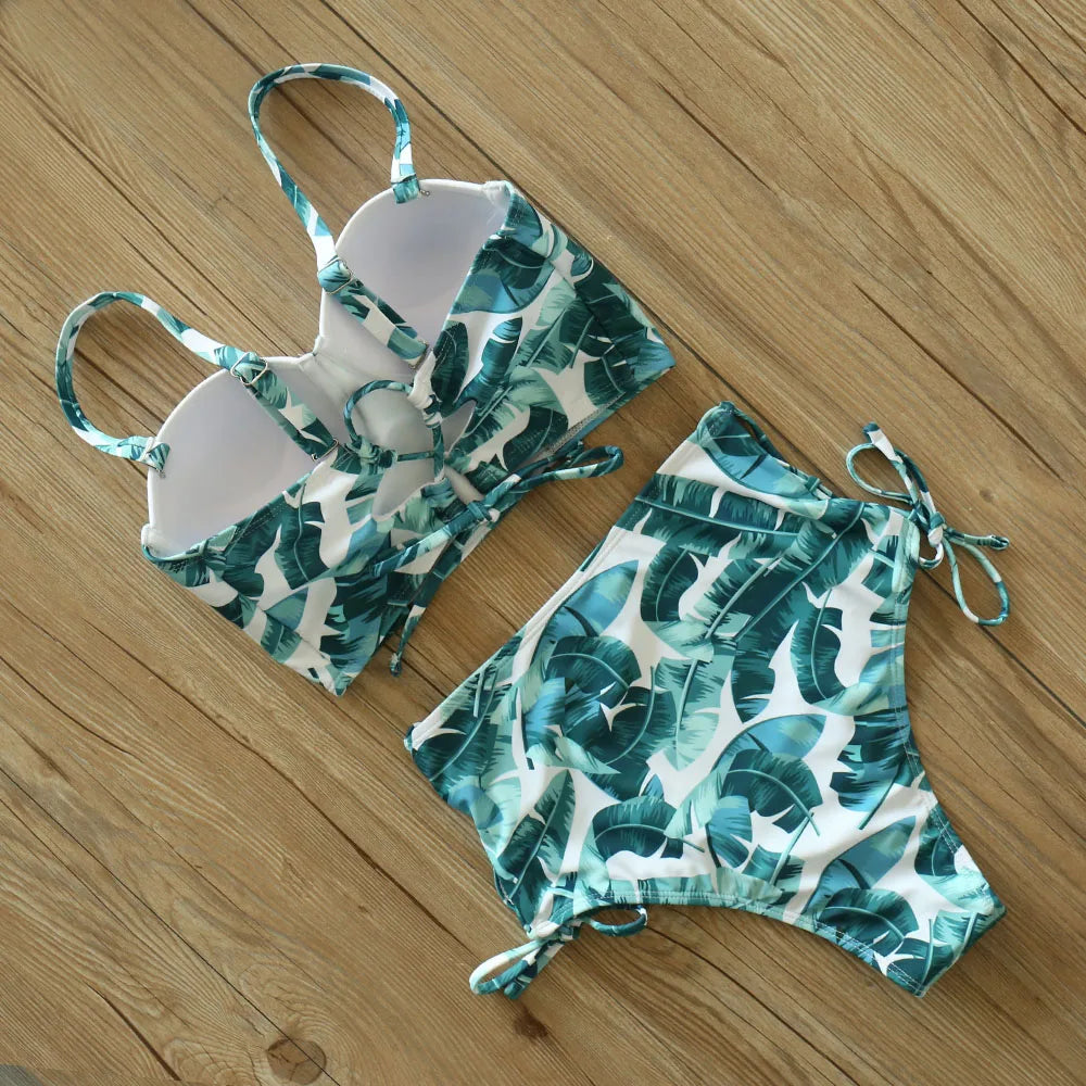 High Waist Swimwear 2025 New Leaf Print Bikinis Women Swimsuit Vintage Retro Bathing Suit Halter Biquini Maillot de bain femme