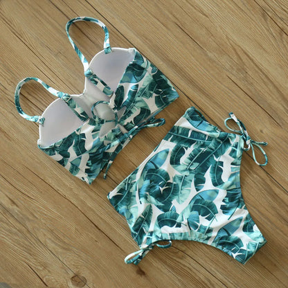 High Waist Swimwear 2025 New Leaf Print Bikinis Women Swimsuit Vintage Retro Bathing Suit Halter Biquini Maillot de bain femme