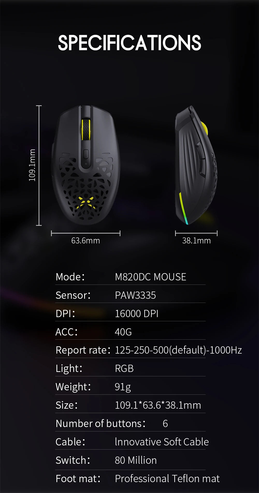 Delux M820DC PAW3335 Wired + Wireless + Bluetooth Gaming Mouse 80 Million Clicks 16000 DPI RGB Rechargeable Mice For Computers