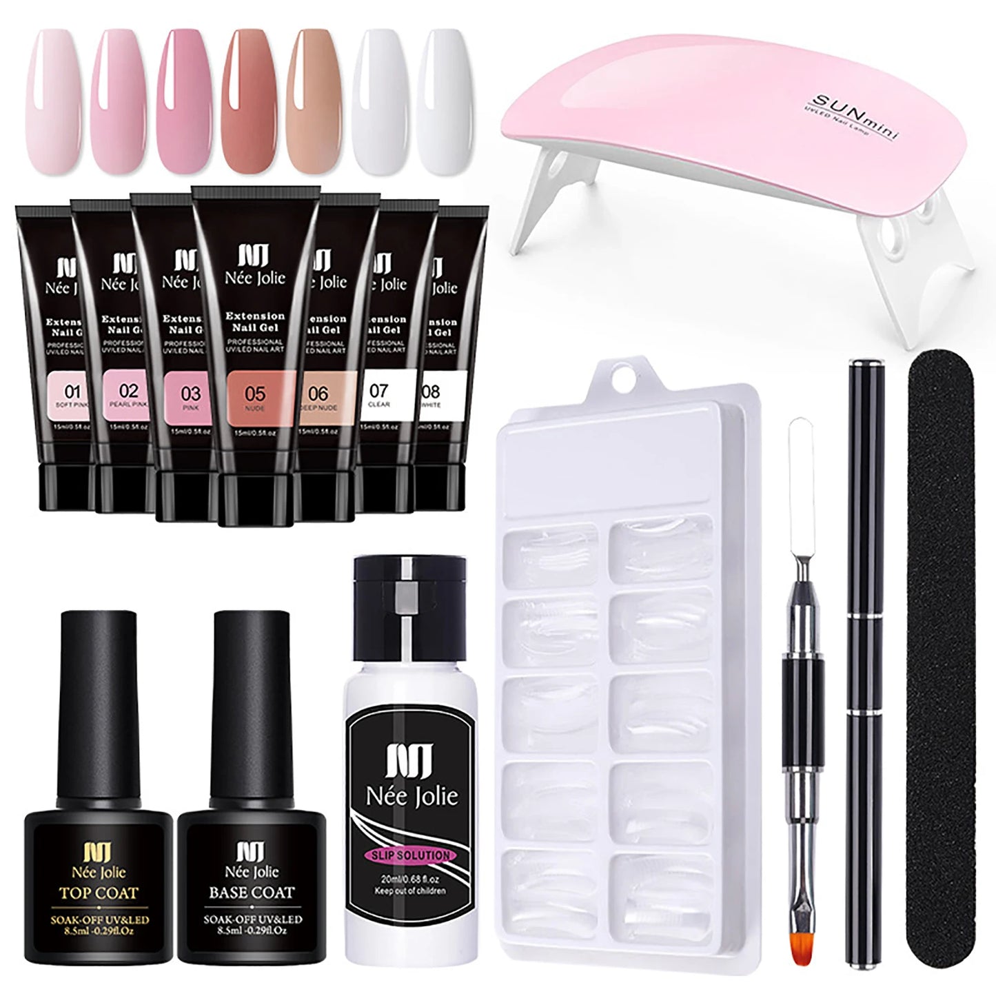 120ml 8pcs UV Nail Gel Extension Nail Kit Manicure Gel Set With Nail File,brush,cleaner,Base Glue,Sealing Layer,Mini Lamp)