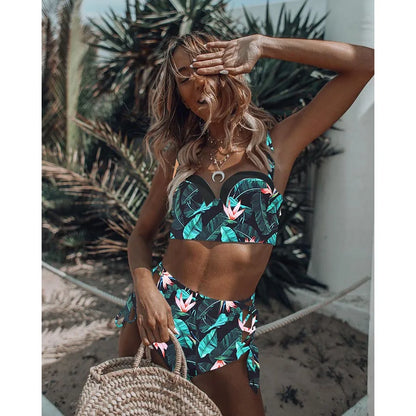 High Waist Swimwear 2025 New Leaf Print Bikinis Women Swimsuit Vintage Retro Bathing Suit Halter Biquini Maillot de bain femme