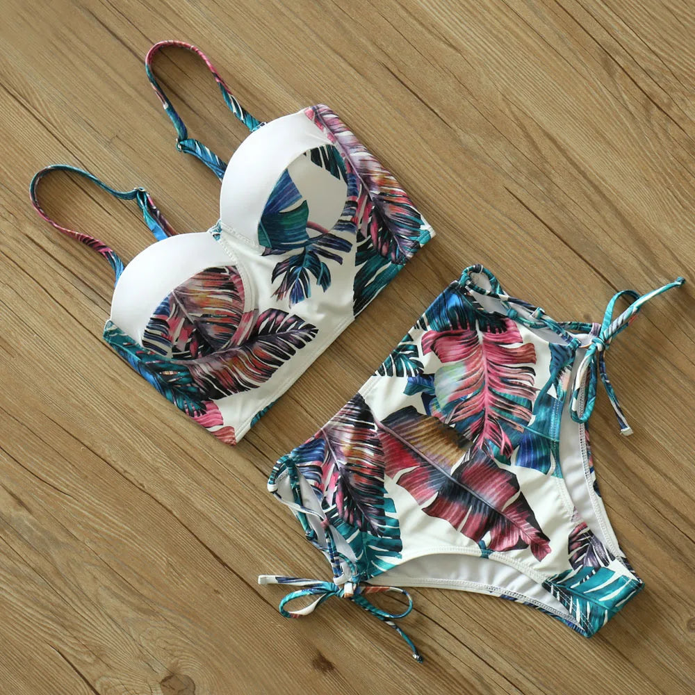 High Waist Swimwear 2025 New Leaf Print Bikinis Women Swimsuit Vintage Retro Bathing Suit Halter Biquini Maillot de bain femme