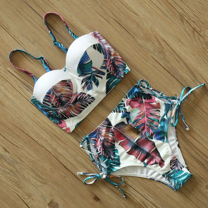High Waist Swimwear 2025 New Leaf Print Bikinis Women Swimsuit Vintage Retro Bathing Suit Halter Biquini Maillot de bain femme