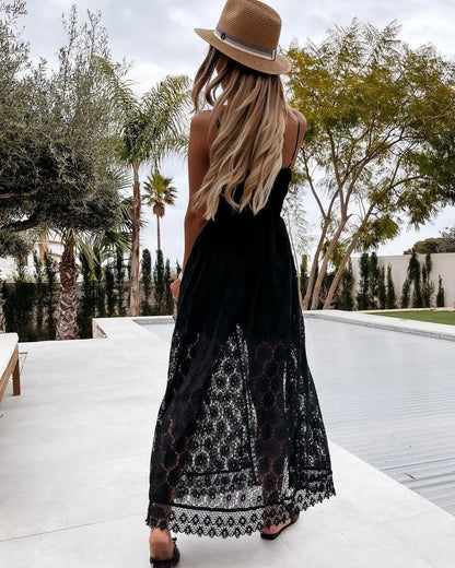 Summer V Neck Solid Color Lace Hollow-Out Sleeveless Sling Party Wear High Waist Rompers Holiday Casual White Women's Jumpsuit
