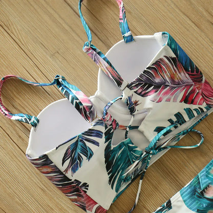 High Waist Swimwear 2025 New Leaf Print Bikinis Women Swimsuit Vintage Retro Bathing Suit Halter Biquini Maillot de bain femme