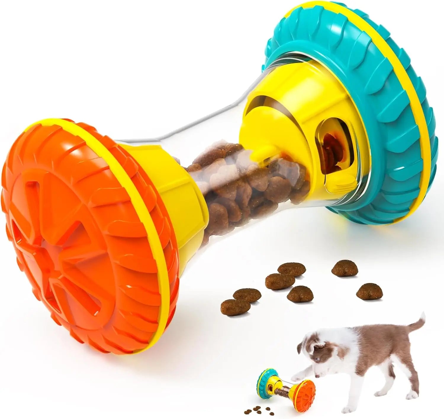 An interactive orange and blue treat dispensing toy with kibble being released while a puppy plays in the background.