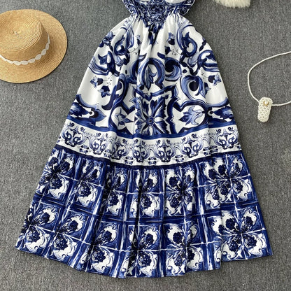 Women's V-Neck Red Blue and White Print Spaghetti Strap Holiday Maxi Dress Summer Runway Floral Print Vacation Long Robes