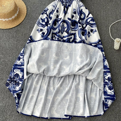 Women's V-Neck Red Blue and White Print Spaghetti Strap Holiday Maxi Dress Summer Runway Floral Print Vacation Long Robes