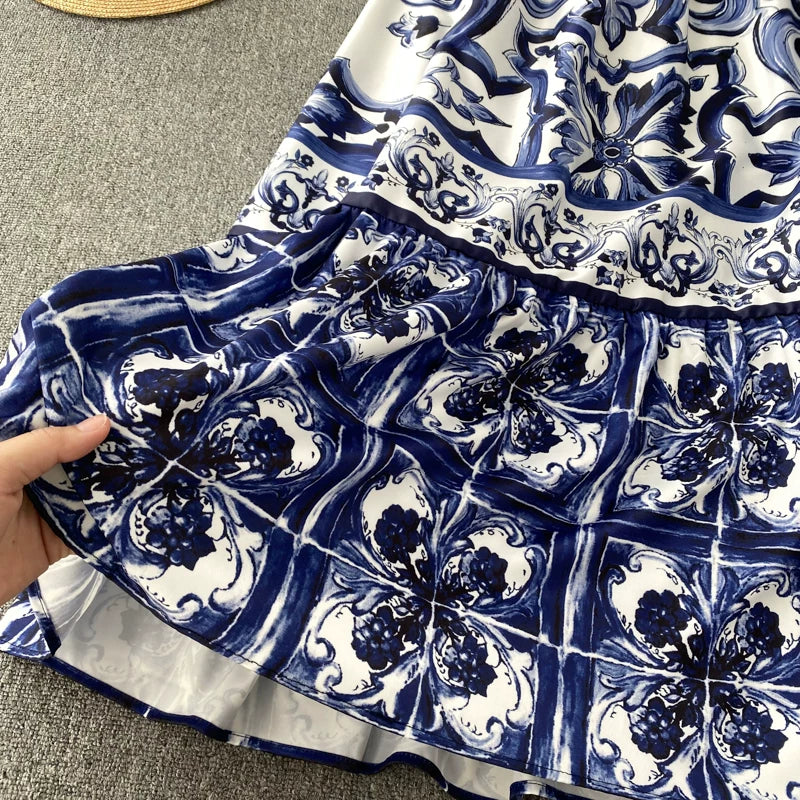 Women's V-Neck Red Blue and White Print Spaghetti Strap Holiday Maxi Dress Summer Runway Floral Print Vacation Long Robes