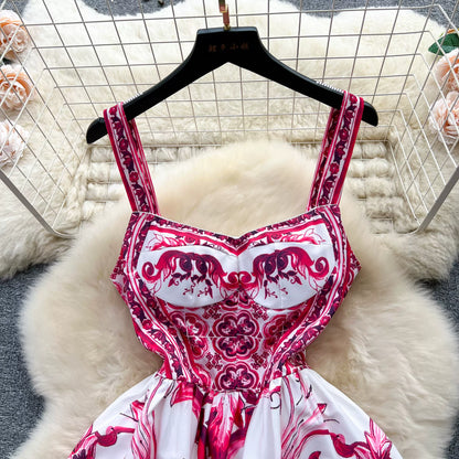 Women's V-Neck Red Blue and White Print Spaghetti Strap Holiday Maxi Dress Summer Runway Floral Print Vacation Long Robes