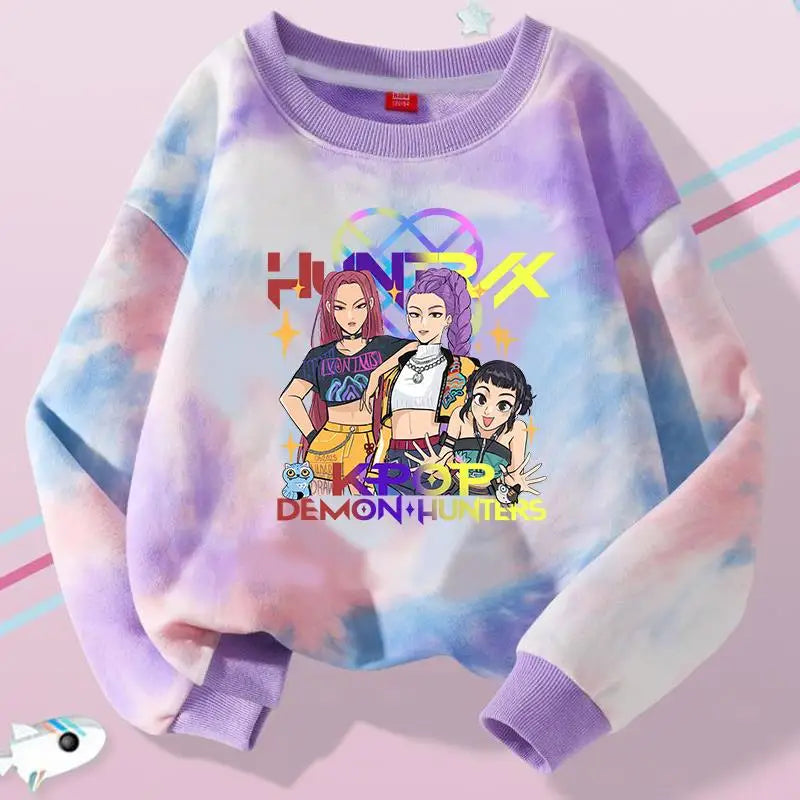 K-Pop Hunters Zoey Mira Rumi Tie-dyed Sweatshirt for Girl Pullover Crew Neck Child Sportwear Long Sleeve Cartoon Kids Tops