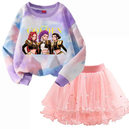 Girls' K-Pop HUNTRX Autumn Set: Pink Tie-Dye Sweatshirt & Pearl Tulle Princess Skirt