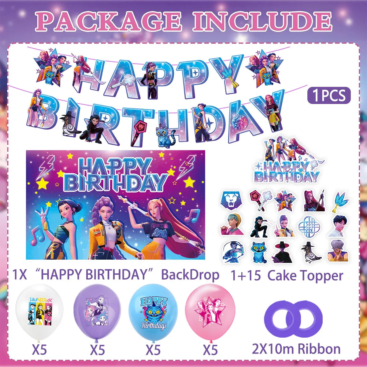 K-Pop Hunters "Starry Night" Deluxe Party Kit: Giant Backdrop, Banner & Balloon Set