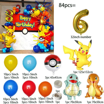 84pcs Pikachu Party Balloons Garland Arch Kit Pokemon Theme Birthday Party Decor Supplies Pikachu Squirtle Bulbasaur Pocket Ball