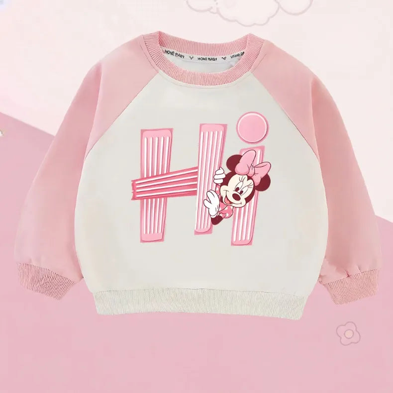 Minnie Printed Girls Fashion O Neck Hoodies Disney Children Casual Sweatshirts Spliced Long Sleeve Kids Spring and Autumn Tops