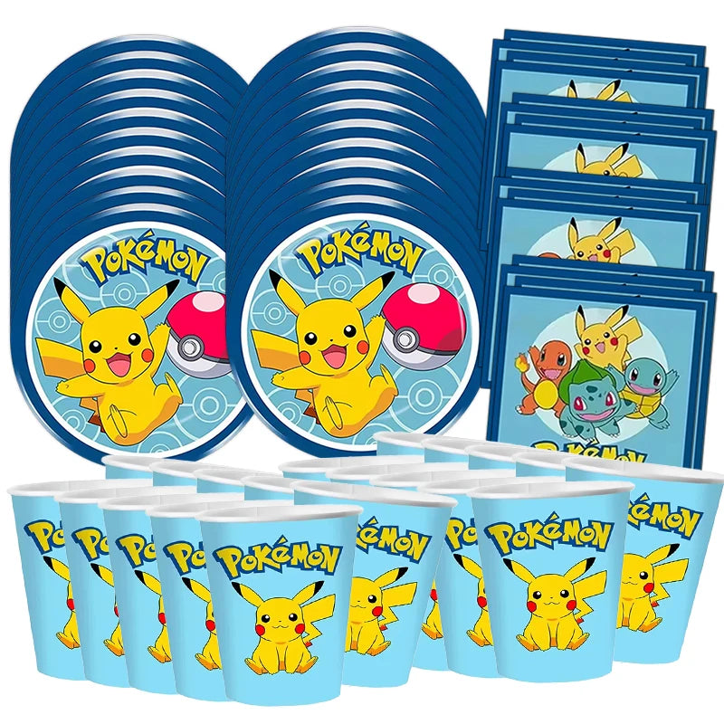 60pcs Pokemon Tableware Pikachu Birthday Decoration Disposable Cups Plates Napkins Happy Birthday Baby Shower Supplies Toys ﻿