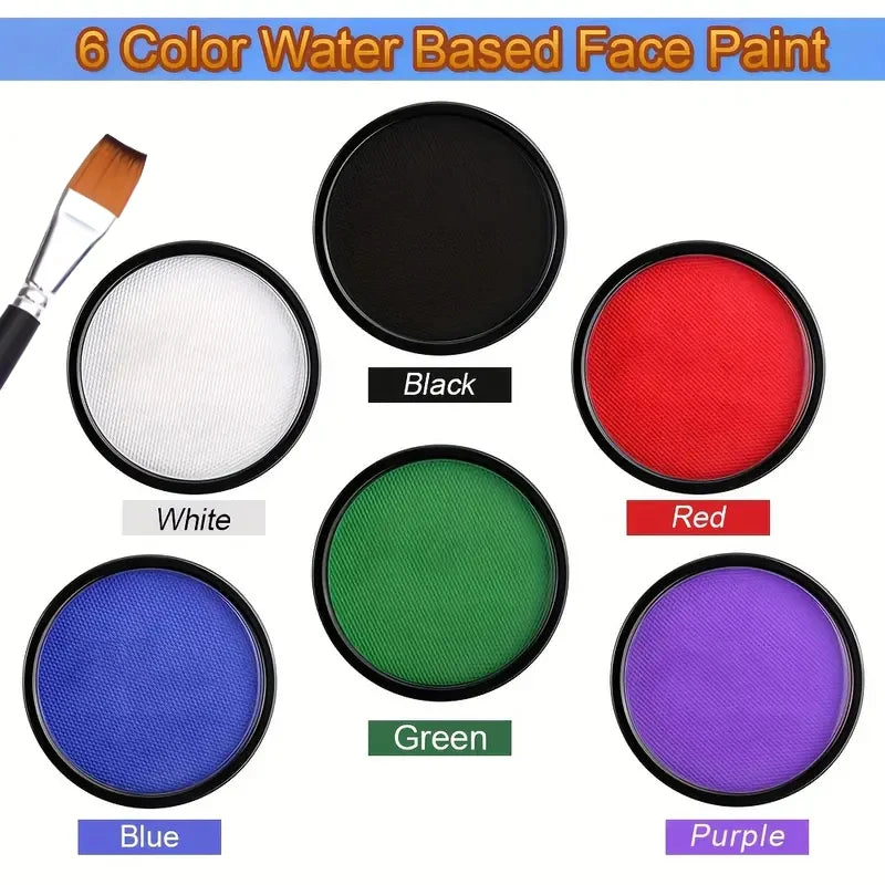 6 Colors Water Activated Face and Body Paint with 1 Brush,Non-Toxic Safe Water Soluble Face Paint for Cosplay,Halloween Makeup