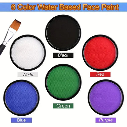 6 Colors Water Activated Face and Body Paint with 1 Brush,Non-Toxic Safe Water Soluble Face Paint for Cosplay,Halloween Makeup