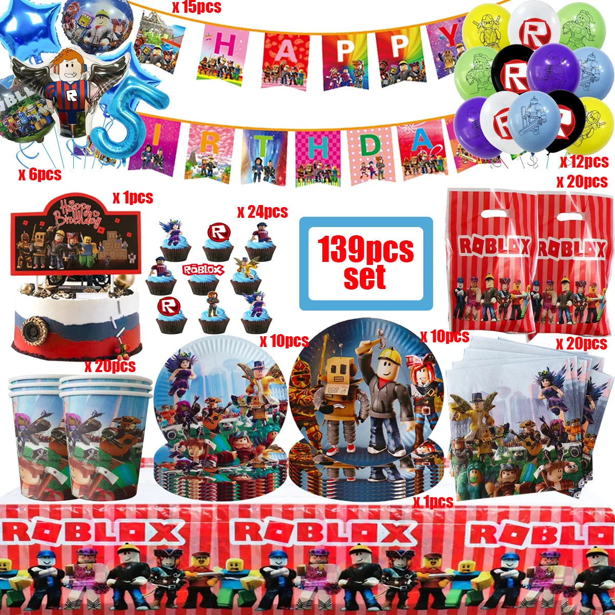 139PCS Roblox Birthday Decoration Party Kit Disposable Tableware Set Roblox Game Tablecloth Balloon Gift Bag Kids Party Supplies