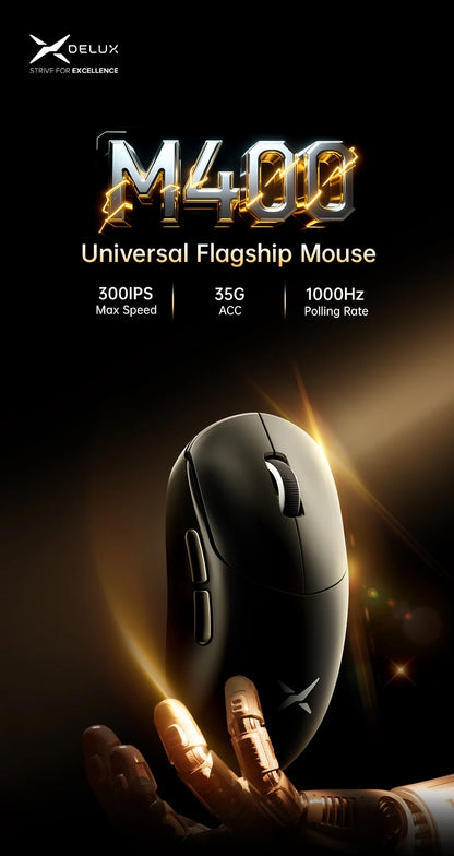 Delux M400 Wireless Gaming Mouse,24000DPI,1KHz Polling Rate,PAW3311,Tri-mode 500mAh Rechargable Mice for All Hands PC Gamer