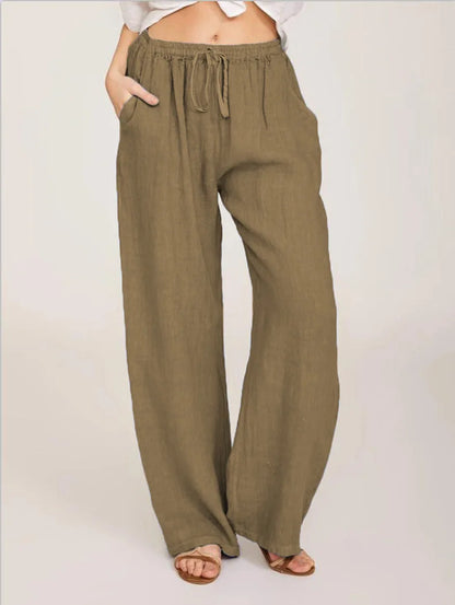Loose Linen-Blend Wide Leg Casual Pants: Breathable Drawstring Summer Trousers
