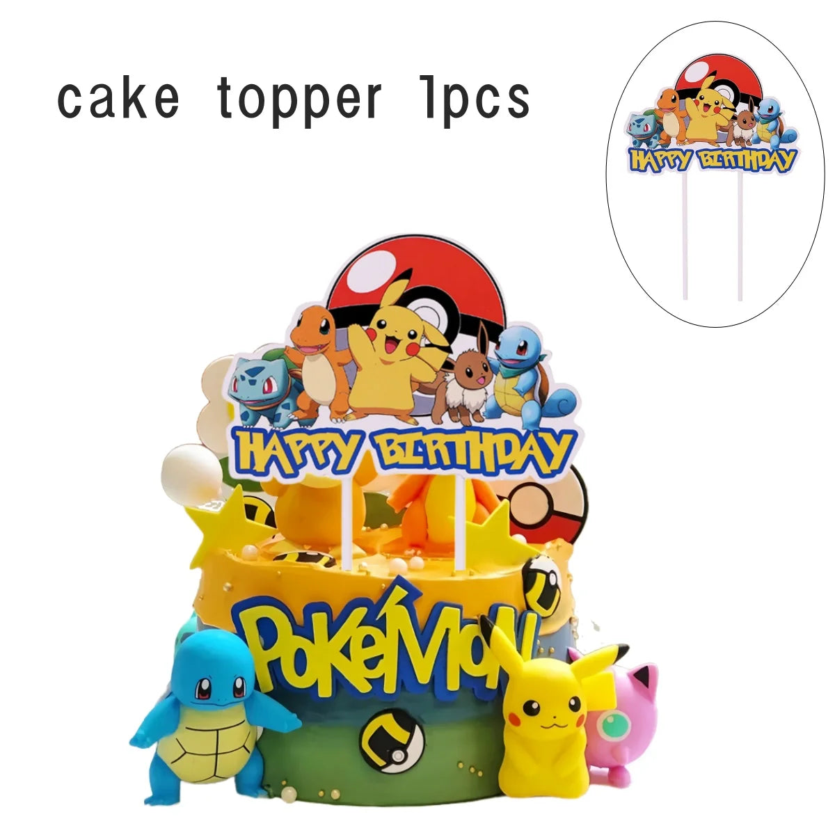 Pokemon Happy Birthday Acrylic Cake Topper Party Decoration Pikachu Cake Decor Flag Baby Shower Baking DIY Supplies Kids Favors