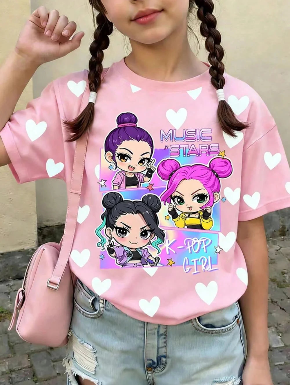 Kpop Cartoon Graphic Girls T-Shirt Casual Round-Neck T-Shirt Suitable for Girls Kids Gift Short Sleeve Tops Children's Clothing