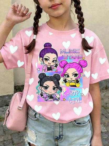 Kpop Cartoon Graphic Girls T-Shirt Casual Round-Neck T-Shirt Suitable for Girls Kids Gift Short Sleeve Tops Children's Clothing