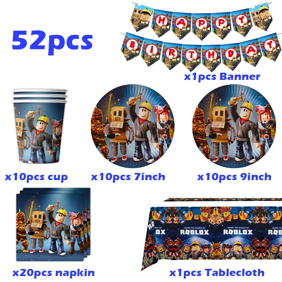 Roblox Theme Party Supplies Birthday Decorations Tableware Paper Cups Balloon Tablecloth Gift Bag Banner Cake Topper Baby Shower