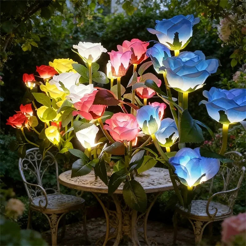 Simulation 5 Heads Rose Lamp Solar LED Lawn Lamp Decor Garden Wedding Parterre Party Camping Outdoor Yard Patio Ground Lights