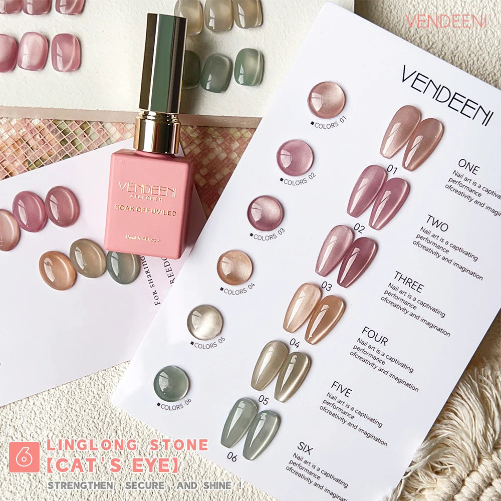 Vendeeni 6 Colors Crystal Cat Eye Gel Nail Polish Set Semi Permanent Sparkling Magnetic UV LED Soak Off Gel Varnish With Display