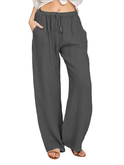 Loose Linen-Blend Wide Leg Casual Pants: Breathable Drawstring Summer Trousers