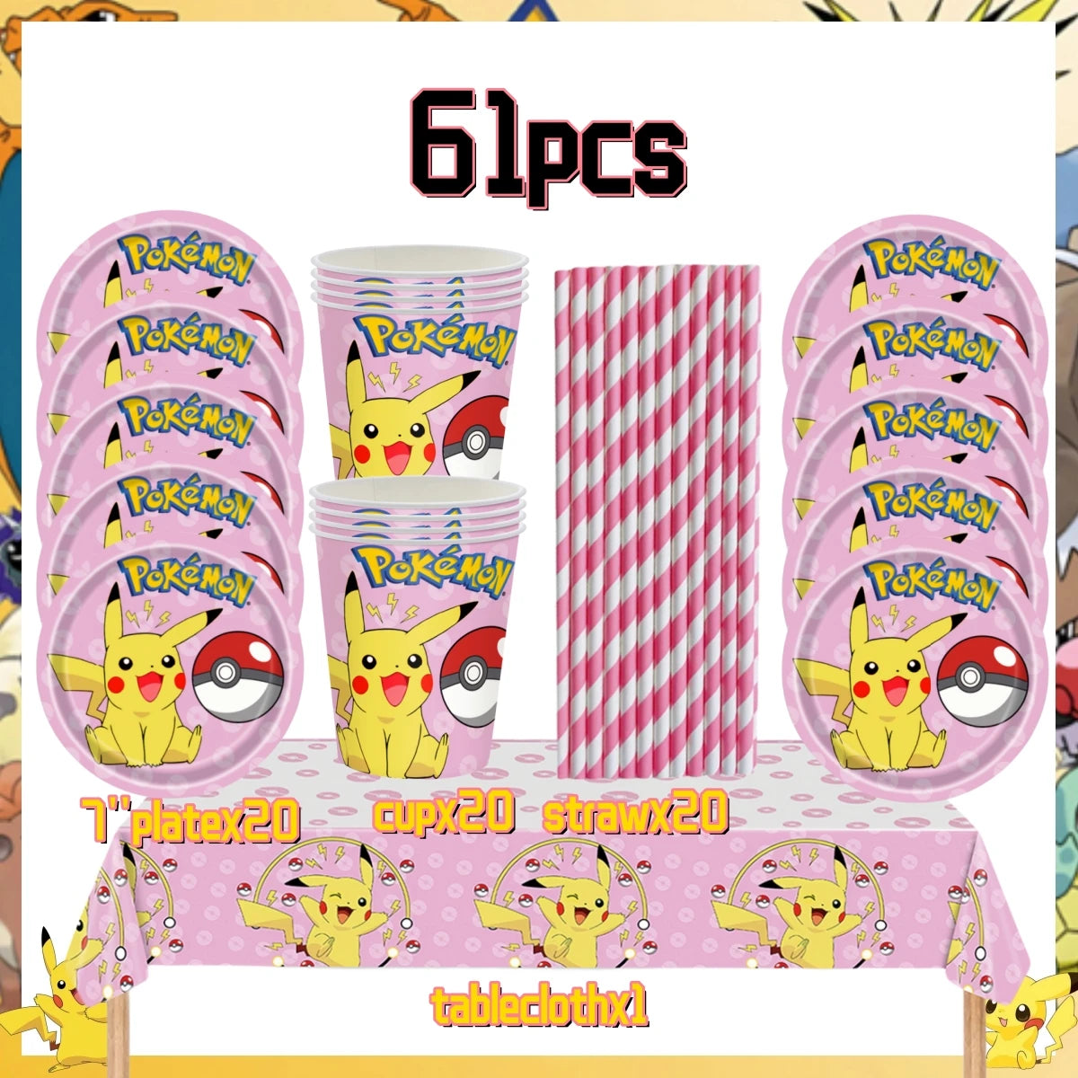 Pink Pokemon Birthday Party Decoration Disposable Tableware Set Pikachu Tablecloth Cup Plate Baby Shower Kids Diy Party Supplies