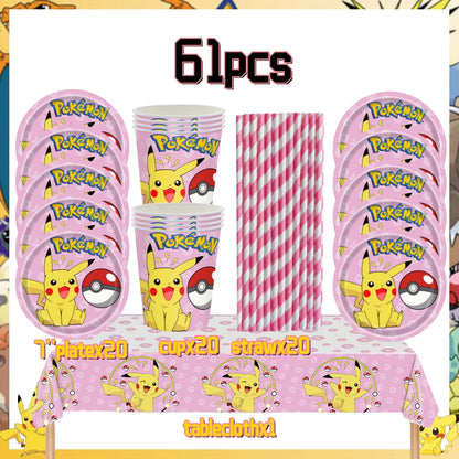 Pink Pokemon Birthday Party Decoration Disposable Tableware Set Pikachu Tablecloth Cup Plate Baby Shower Kids Diy Party Supplies