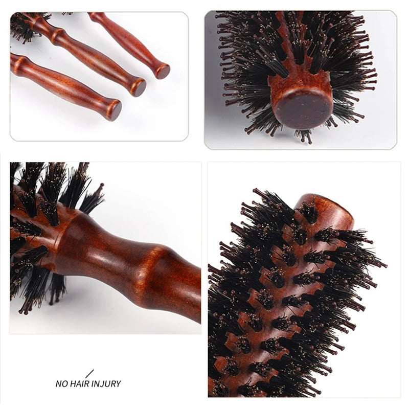 Wood Handle Round Rolling Brush Boar Bristle Nylon Hair Comb Anti Static Brush Straight Twill Hair Comb Hairdressing Tool