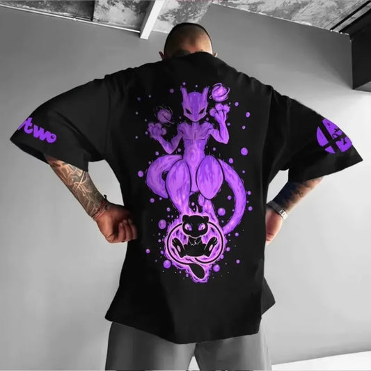 Pokémon Co-branded Loose Plus Size T-shirt 2025 Summer Men's Street Trend Animation Mewtwo Printing Casual Versatile Harajuku