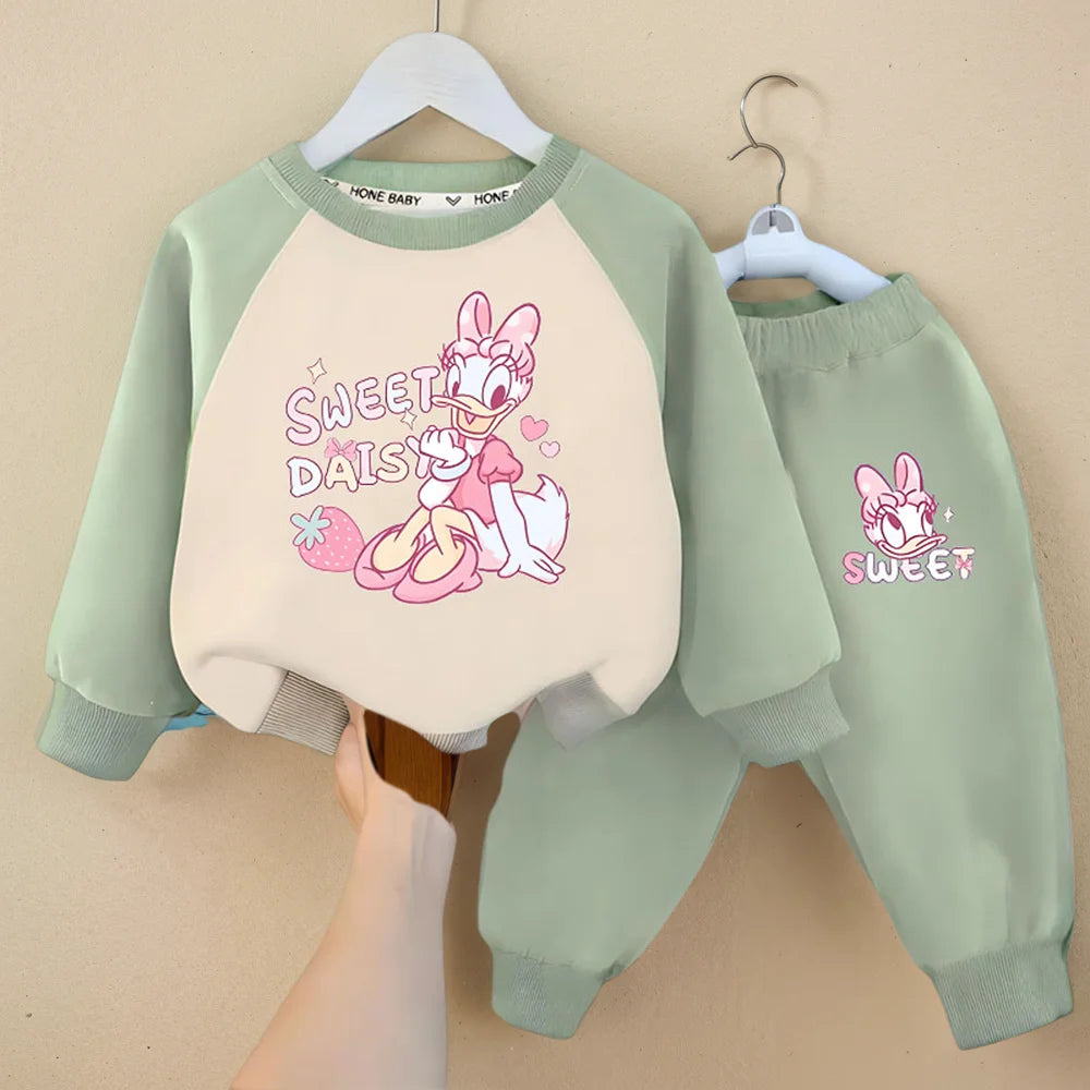 DISNEY DAISY DUCK Printed Spliced Long Sleeved Hoodies Sets for Girls 0-8years Spring Fall Kids Sweatpant Two Pieces Tracksuit