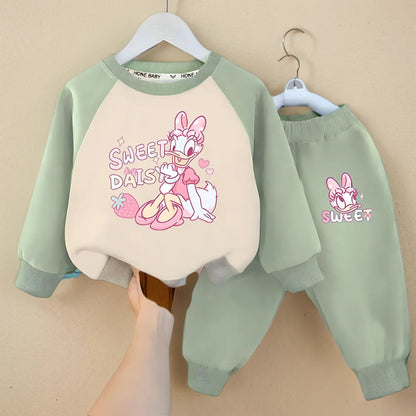 DISNEY DAISY DUCK Printed Spliced Long Sleeved Hoodies Sets for Girls 0-8years Spring Fall Kids Sweatpant Two Pieces Tracksuit
