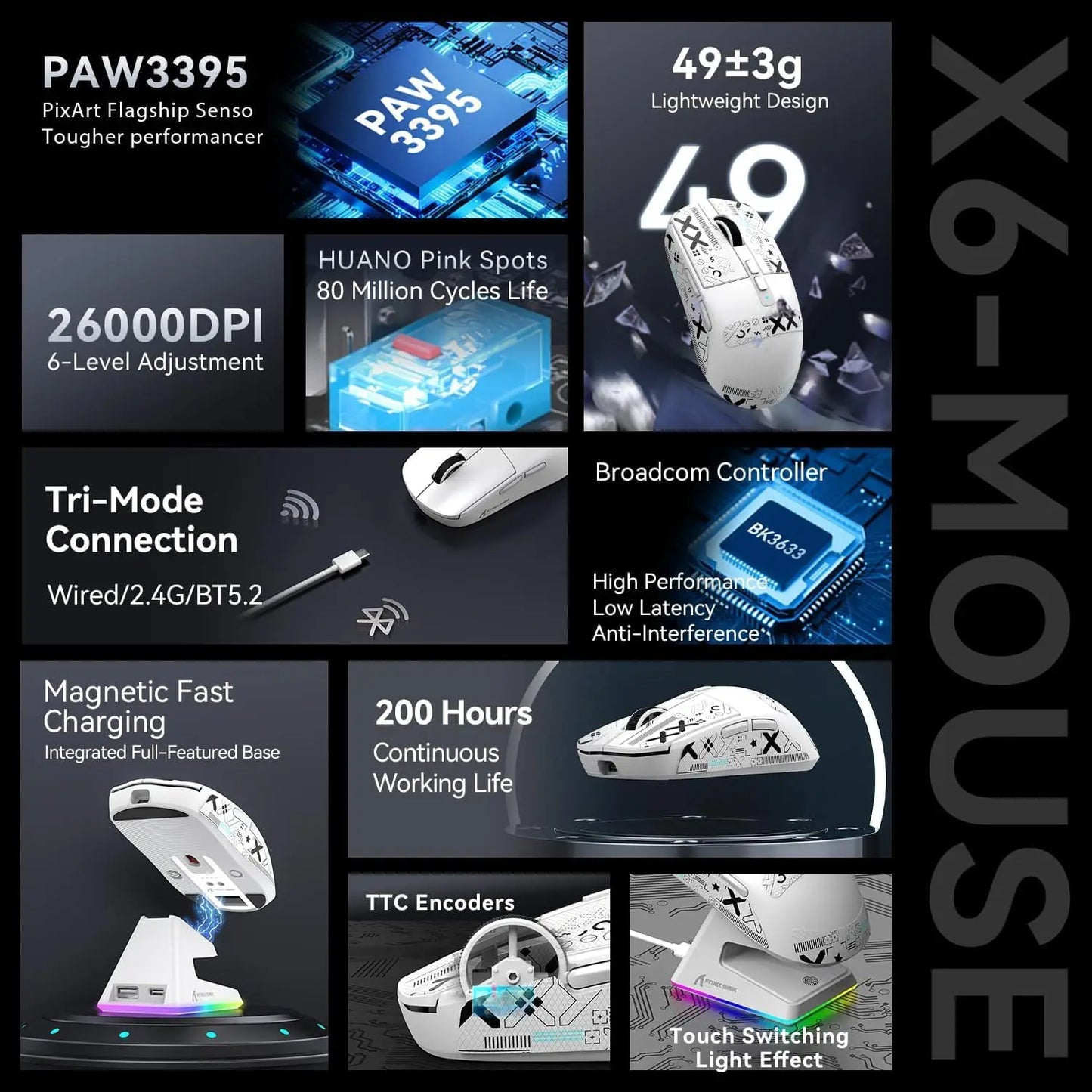ATTACK SHARK X6 Lightweight Wireless Gaming Mouse with RGB Backlight Charging Base,Tri-Mode,26K DPI, PAW3395 Optical Sensor