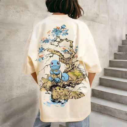 Pokémon Anime Squirtle Printing Cotton T-shirt 2026 Women's Summer New American Hip-hop Trend Daily Loose Y2K Parent-child Top