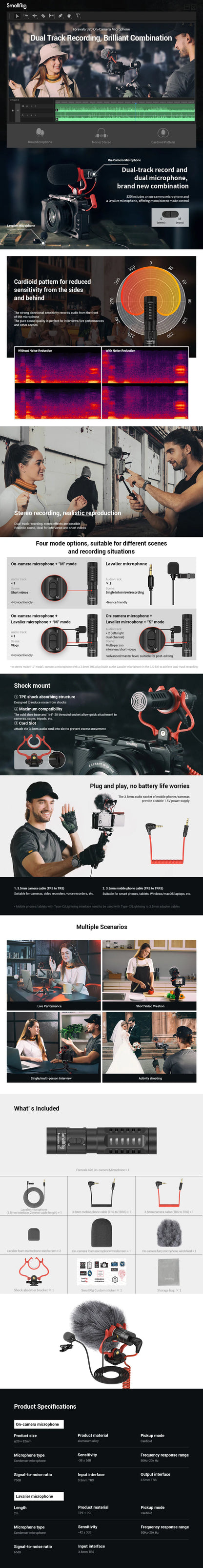SmallRig S20 On-Camera Microphone with Shock Mount Video Microphone Stereo Mic for DSLR Cameras for iPhone and Smartphones 3468