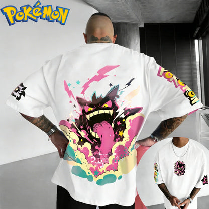 New Pokemon Cotton T Shirt with Gengar Back Print Pink Lightning Blue Smoke and Star Effects Loose Fit Men Women Casual