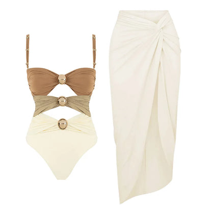 2024 Sexy Women's Swimsuit with Skirt One-Piece Swimwear Vintage Ruffle V Neck Cover Up Bikinis Set Beachwear Bathing Suit